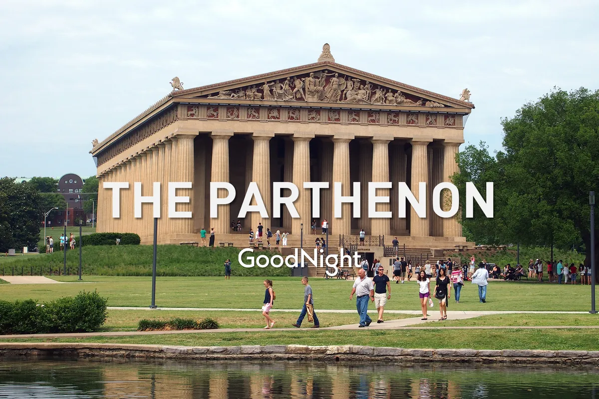 This exterior image features The Parthenon set amidst lush greenery, with visitors walking around and enjoying the outdoors. The historic structure is central in the frame, capturing the cultural and kid-friendly attraction mentioned in the section.