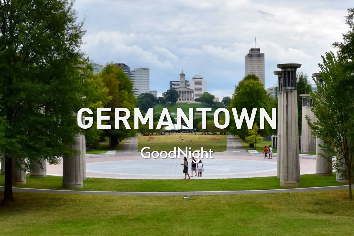 A serene view of a city park with people walking and enjoying the green space, set against the backdrop of the Nashville skyline. The image blends urban energy with moments of relaxation and community.
