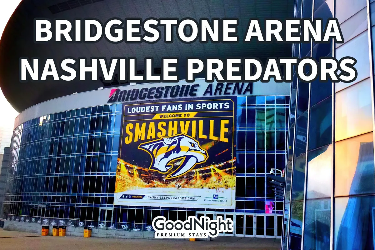 The exterior of Bridgestone Arena is shown with bold signage, the Nashville Predators logo, and a large ‘Welcome to Smashville’ banner, with crowds gathered for an event. The scene is lively, hinting at the excitement of concerts and major sports events right in the city center.